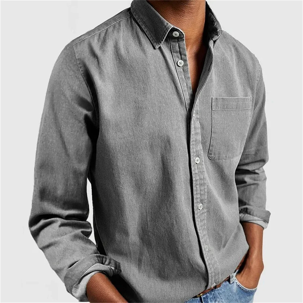 Tiki Autumn Men's Hard High-end Simple Solid Color Cardigan Hawaii Vacation Casual Chest Pocket Men's Shirt