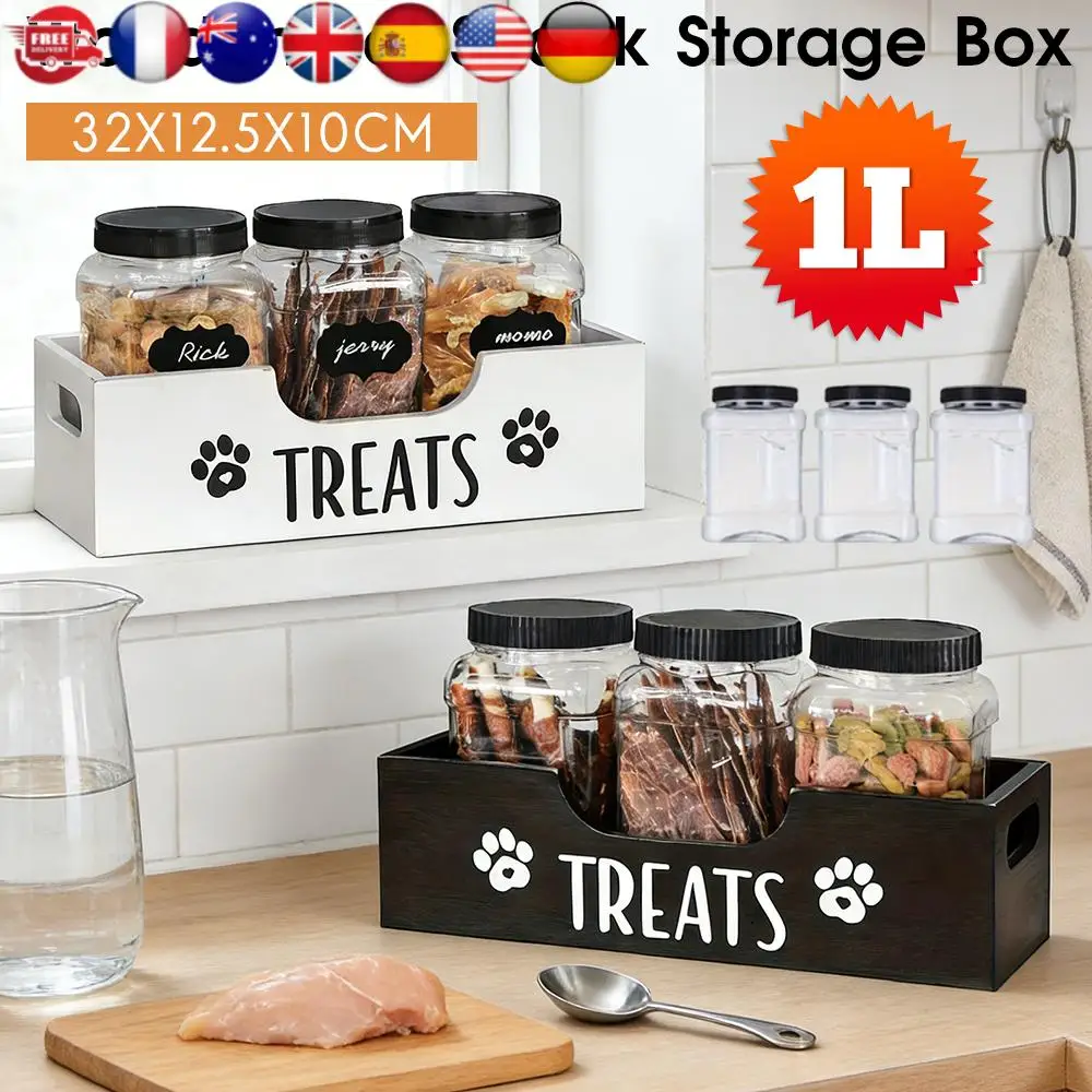 

Деревянный герметичный контейнер для лакомств для собак с 3 герметичными пластиковыми банками, большой емкости, для хранения корма для домашних животных, кошек и собак