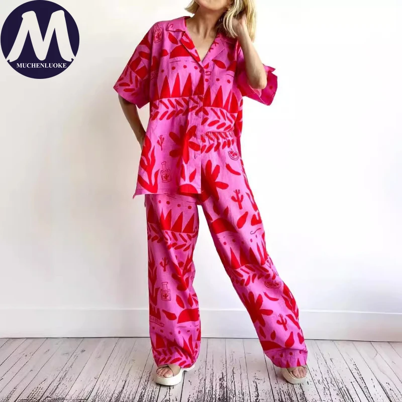

2 Pieces Set for Woman Summer New Printed Half Sleeve Casual Versatile Shirt Tops Suits Fashionable Loose Wide Leg Pants Sets