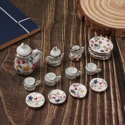 15 Pieces Mini Ceramic Tea Set 1:12 Kitchen Miniature Porcelain Set Flower Pattern Dollhouse Accessories Set