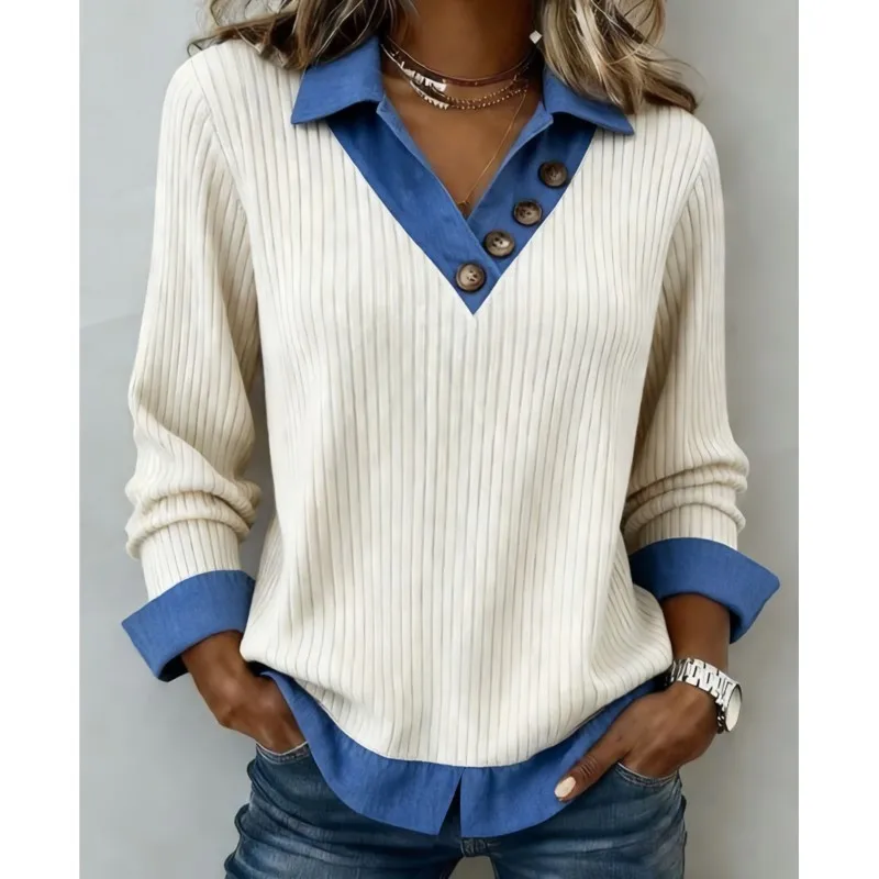 Women's Spliced Knit Fake Two-Piece V-Neck Pit Stripe Long Sleeved Casual Top