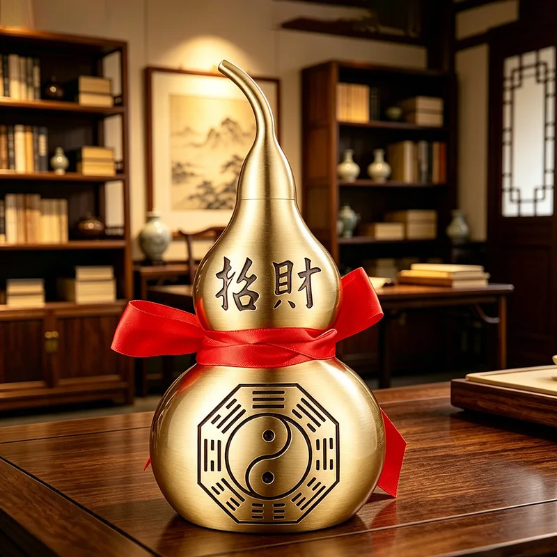 Brass Eight Trigrams Wealth-Attracting , Open-Top Copper Gourd, Desktop Ornament for Home and Office, Living Room, Entrance