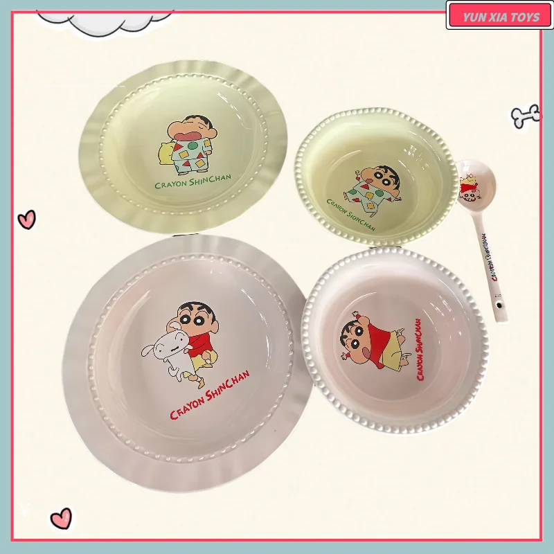 

Новинка 2025 года, посуда с карандашом Шин Чан, набор мисок и тарелок, милая мультяшная керамическая миска для риса, ложка, посуда, один подарок на день рождения