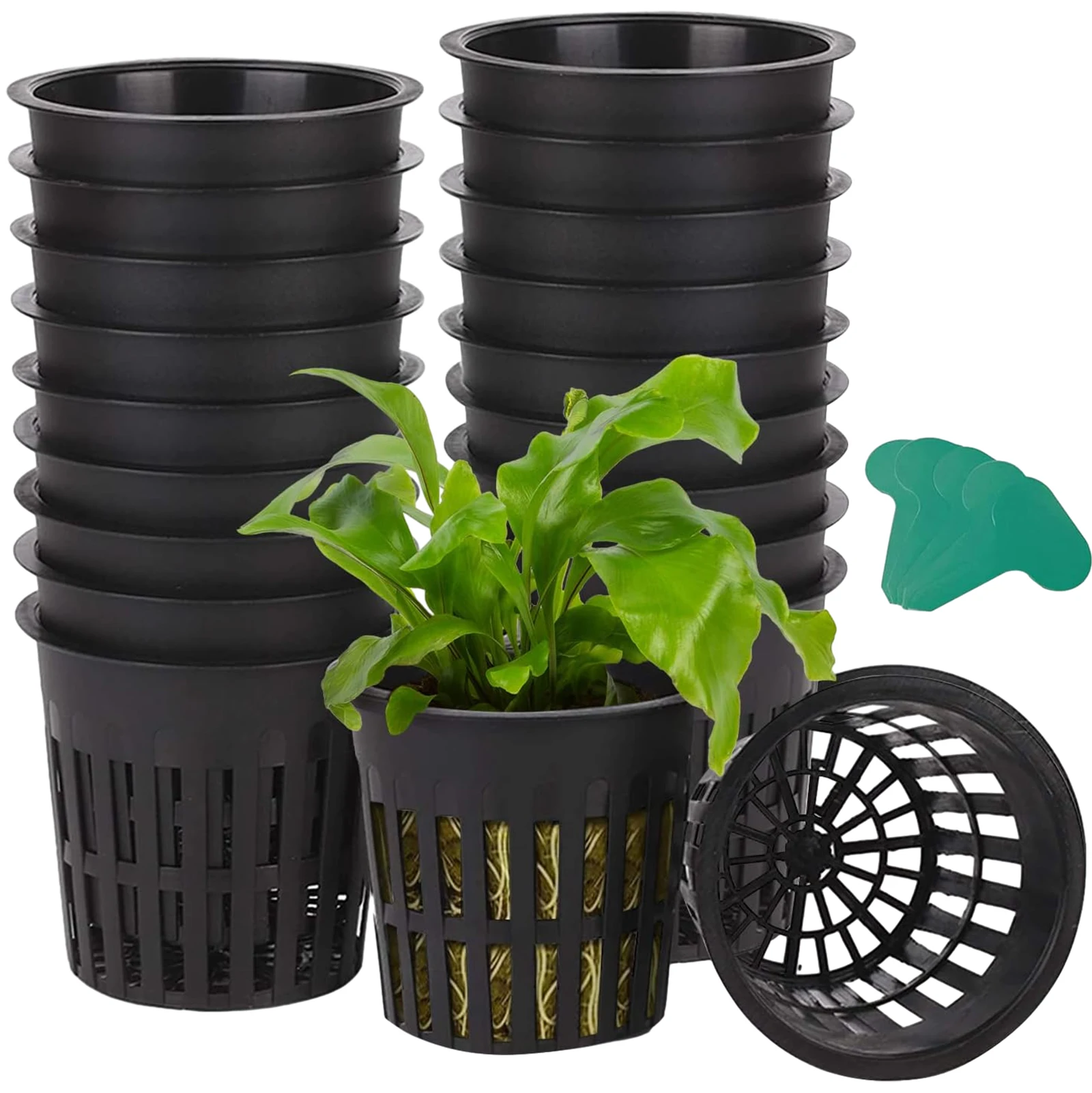 25Pcs 4inch Net Pots Heavy Duty Hydroponic Cups Mesh Pots with Plant Labels, Slotted Design for Indoor or Outdoor Growing