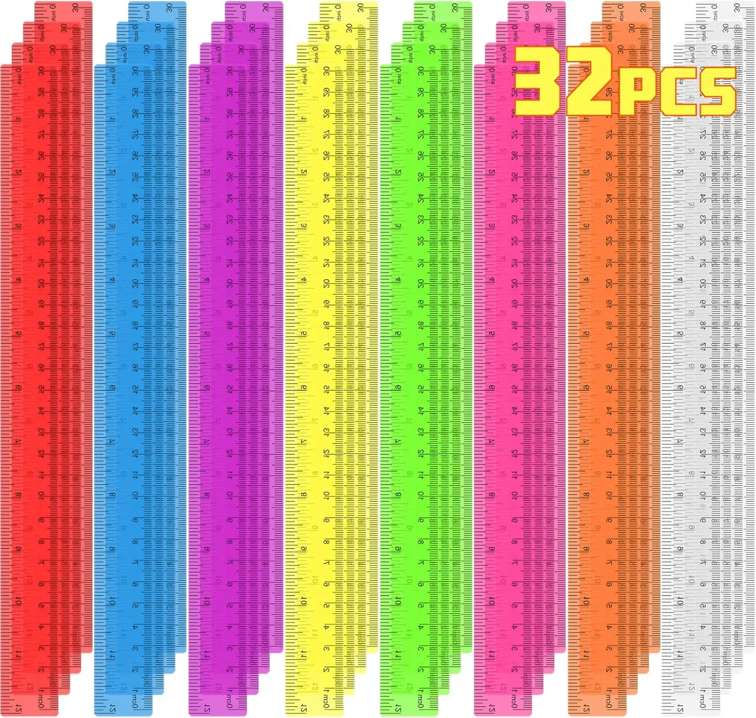 

32 Pack Clear Plastic Rulers 12 Inch Bulk for Classroom with Inches & Centimeters, Back to School Supplies