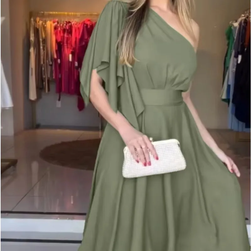 Feestjurk met vlinderdas, casual één schouder, asymmetrische mouw, ritssluiting aan de zijkant, taille, asymmetrische zoom, maxi-jurk met riem