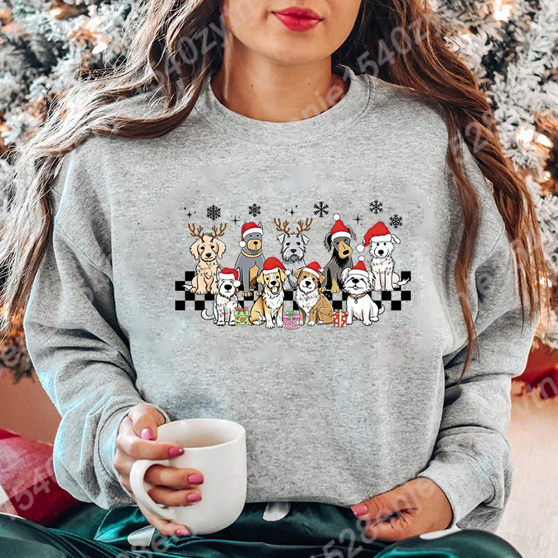 Christmas Light Dog Print Sweatshirt For Women Autumn And Winter Casual Sports Pullover Ladies Round Neck Hoodless Pullover Tops