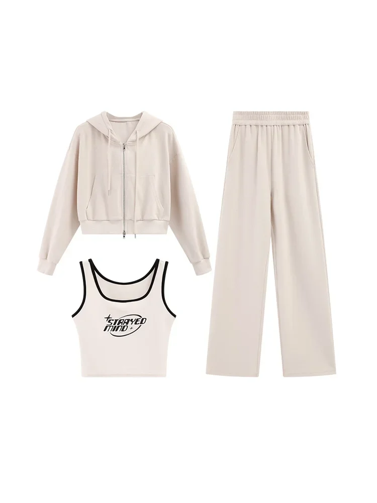 3-Piece Women Sporty Lounge Set Zip-Up Cropped Hoodie Tank Top High Waist Wide-Leg Pants Casual Streetwear Tracksuit Outfit