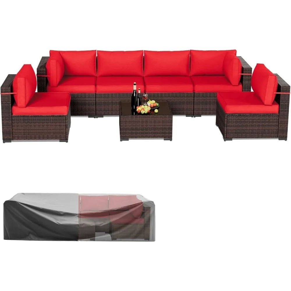 Patio Furniture Set 7 Pieces Conversation Set Outdoor Sectional Wicker Rattan Sofa with All-Weather Cover