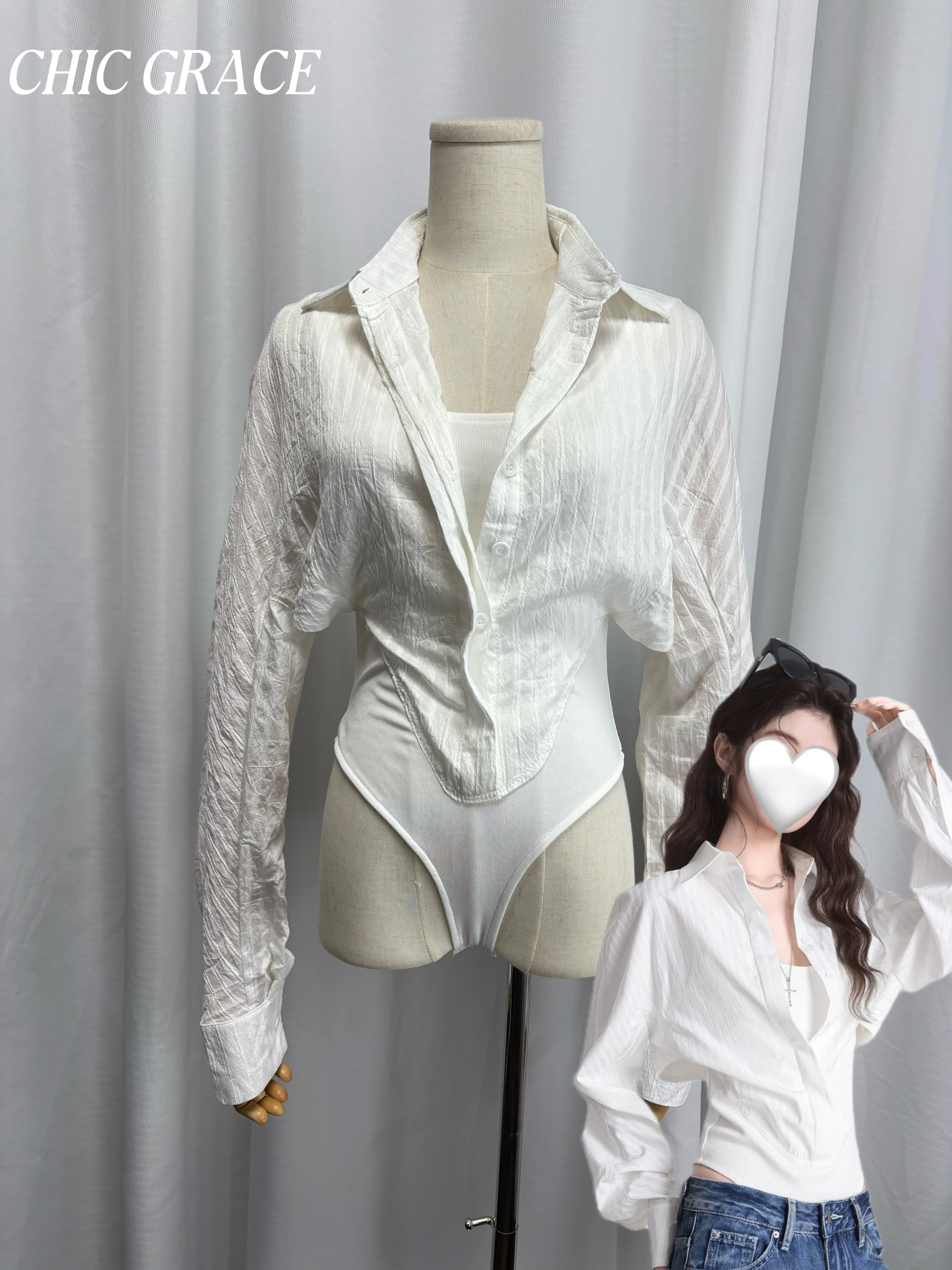 

Женская белая рубашка с длинным рукавом Real Shot, двухсекционная дизайнерская блузка с воротником-поло, осенний повседневный модный топ