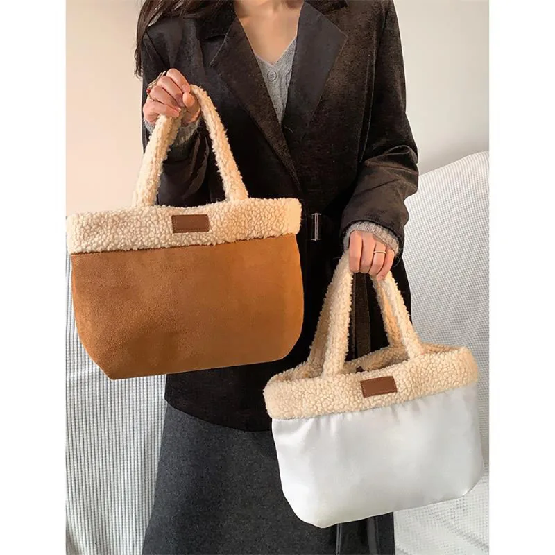 Korean Faux Suede Niche Lamb Wool Handbag High-End Texture Plush Double-sided Portable Bucket Bag Popular Winter New Tote Bag