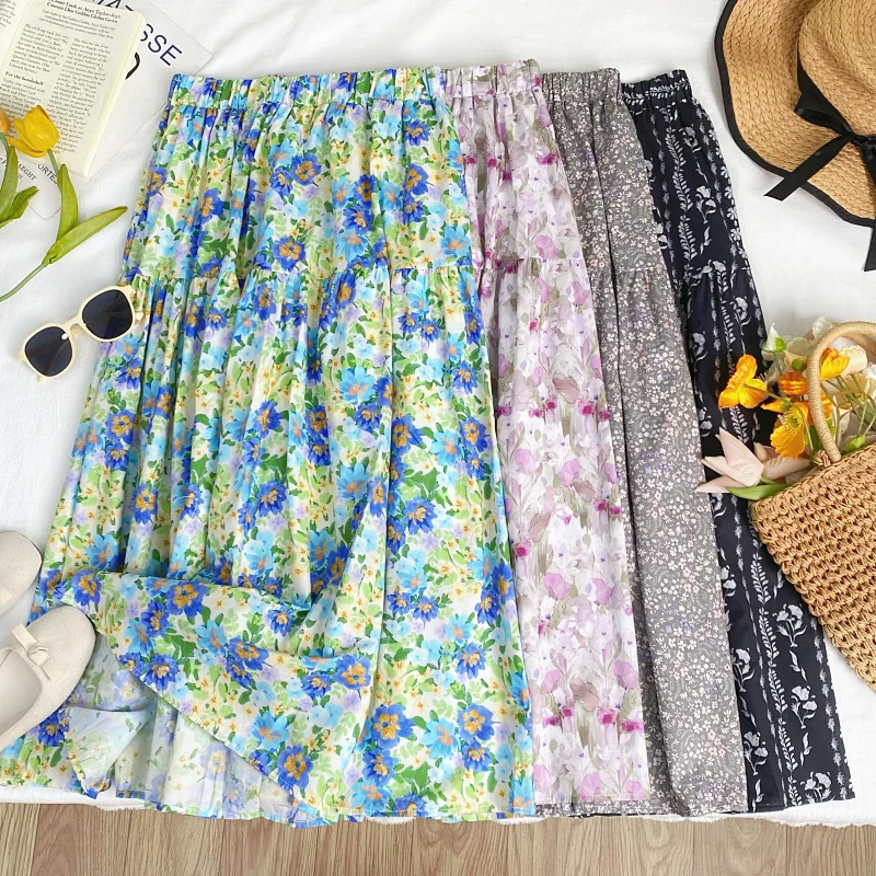 

Retro Floral Print High Waist A-Line Midi Skirt Women's Sweet Summer New Sle Casual Comfortable f-length Skirt