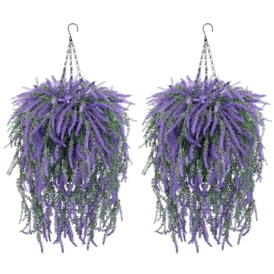 2Packs Artificial Hanging Flowers for Outdoors 6 Bundles Fake Lavender Hanging Baskets UV Resistant Purple Flowers Hanging Plan