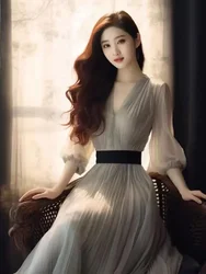 Abito lungo elegante coreano di alta qualità di lusso dignitoso grigio chiaro atmosferico a vita alta Lady Wear Vestidos 2024