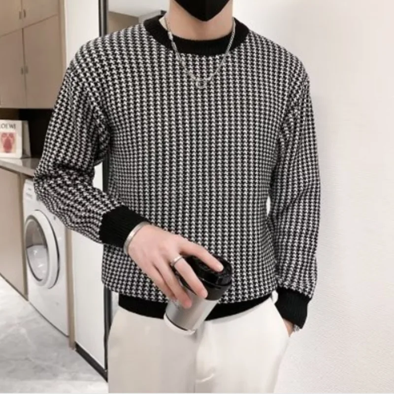 Spring and Autumn Fashion Classic Round Neck Pullover Men Jacquard Knit Slim Long Sleeve Youth Handsome Micro Elastic Men's Wear