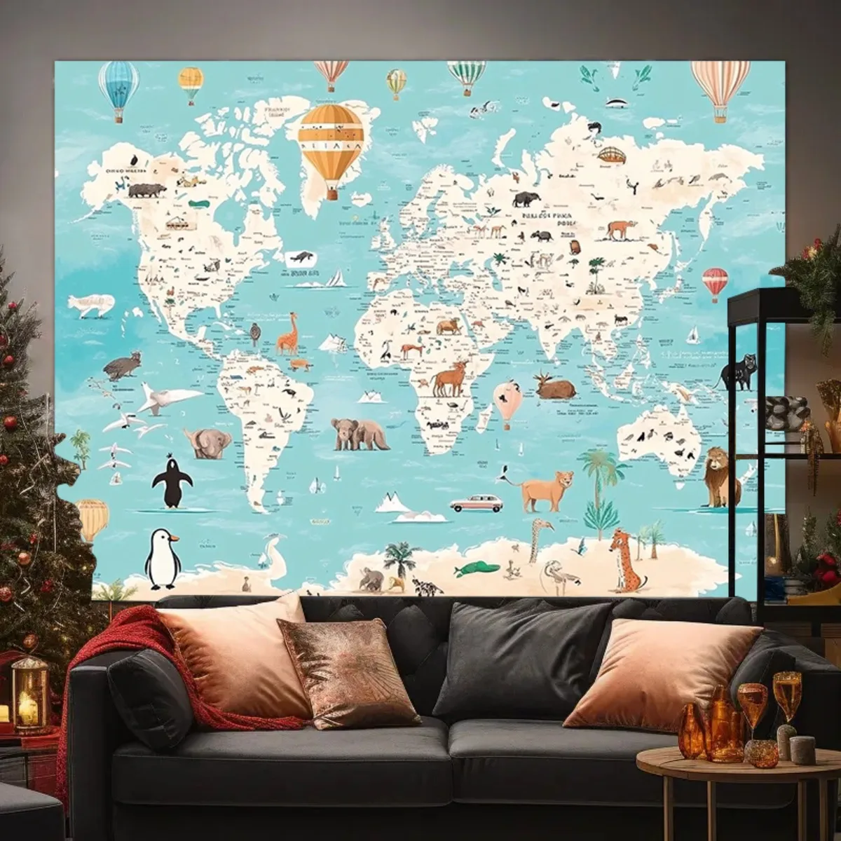 Weltkarten-Hintergrundstoff, strapazierfähiges Polyestermaterial, geeignet für den Innen- und Außenbereich, Geburtstag, Weihnachten usw.