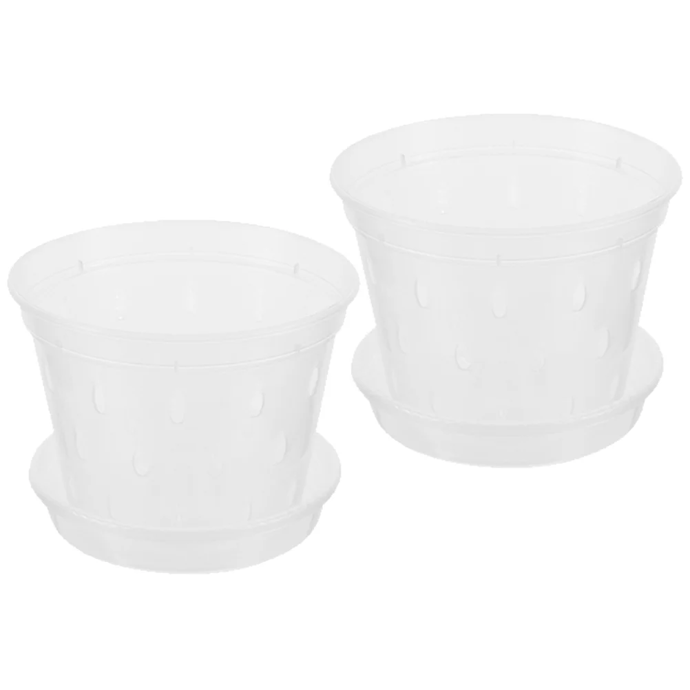 

2Sets Control Root Plastic Plant Pots Transparent Orchid Planters with Drain Holes and Tray for Healthy Growth Garden Courtyard