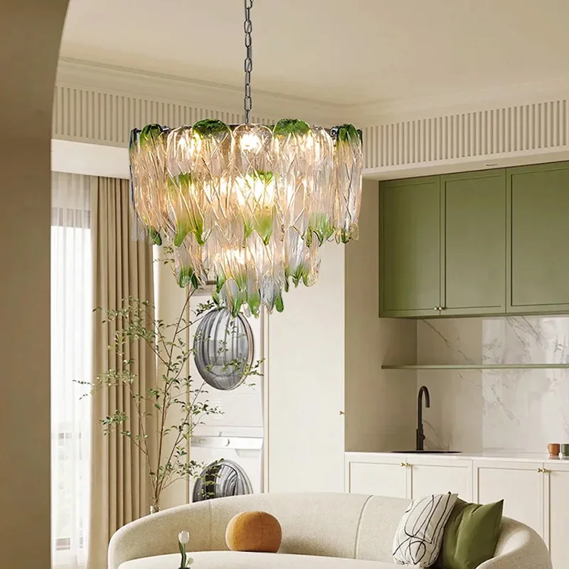 

French LED transparent green gradient glass chandelier for living room, bar home decoration, height adjustable