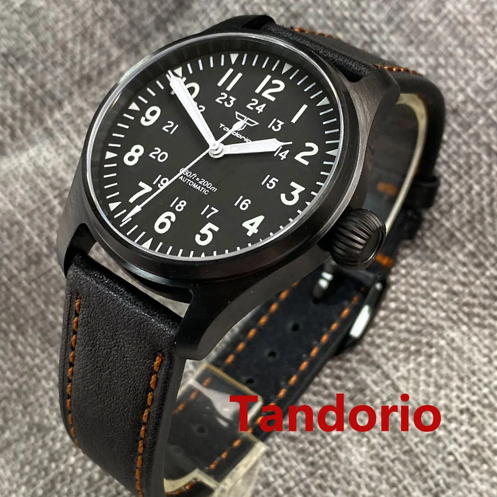 Tandorio 39mm Black PVD NH35A PT5000 Pilot Diver Military Mechanical Men Watch Sapphire Glass Brushed 20ATM Waterproof Luminous