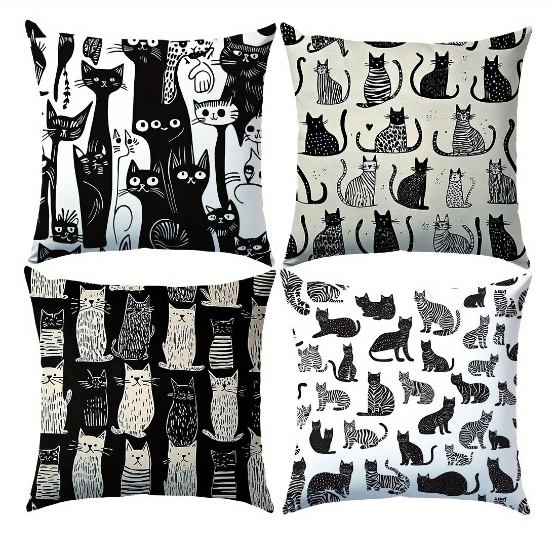 

4Pcs Minimalist Cat Pillow Covers - Black/White Abstract Design Polyester Covers for Home Decor (Washable)