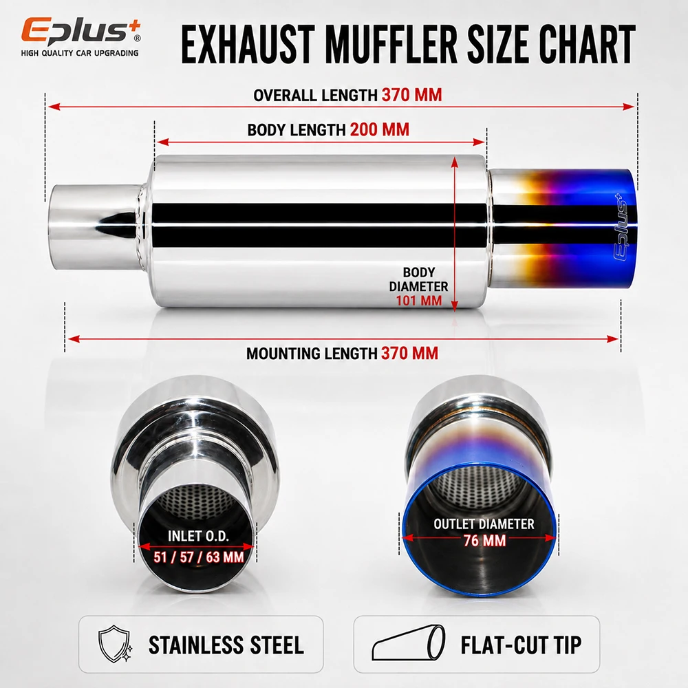 EPLUS Universal Stainless Steel Car Exhaust Muffler Straight-Cut Tip Car Exhaust Resonator Inlet 51/57/63mm Output 76MM
