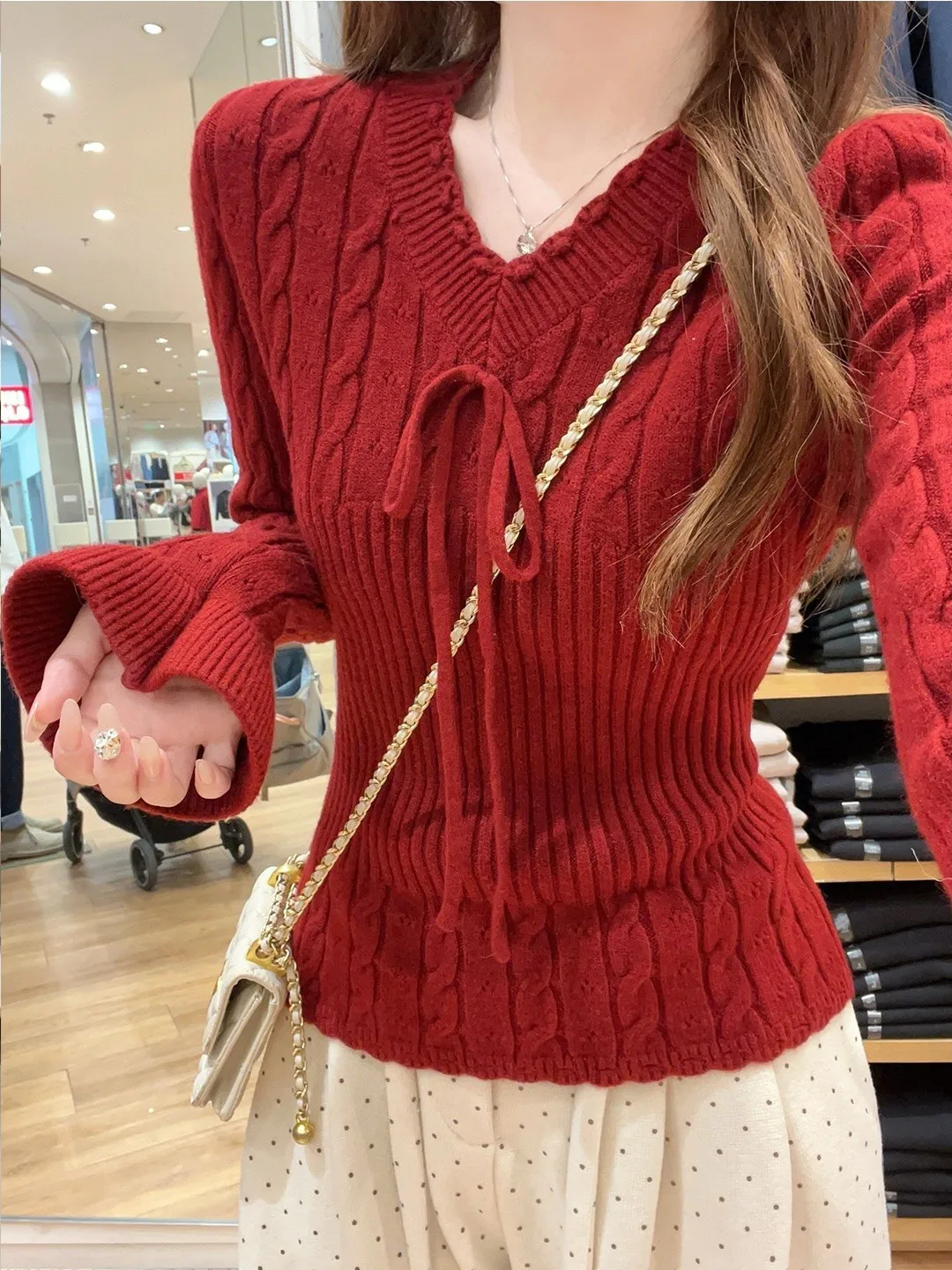 

Red V-Neck Belted Knitwear Women's Casual Slimming Bottoming Shirt Spring Autumn New Style Chinese Style Casual Knitted Top