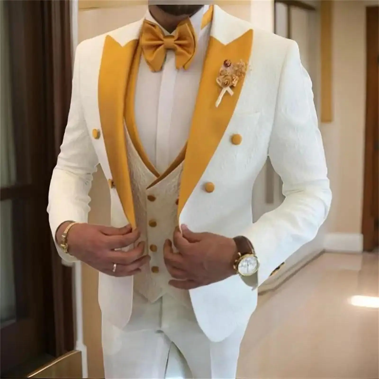 

Mens Floral Wedding Suits Double Breasted Jacket with Vest Pants 3 Pieces Peak Lapel Groom Tuxedo Fashion Suit