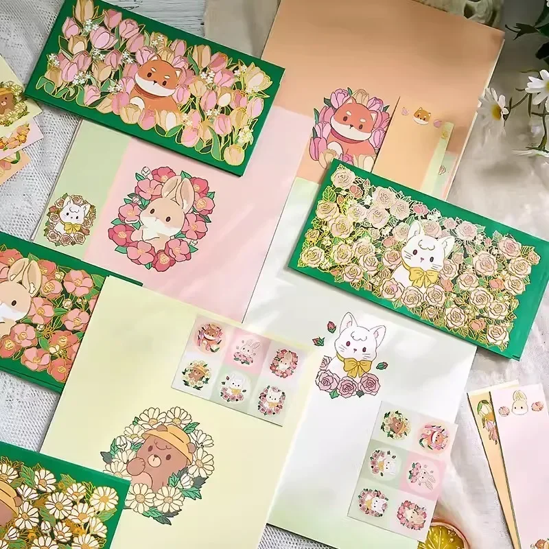 22pcs/Set Kawaii Flower Animals Envelopes for Letters Cute Letter Pads Bookmarks Postcards Cover Stickers Korean Stationery