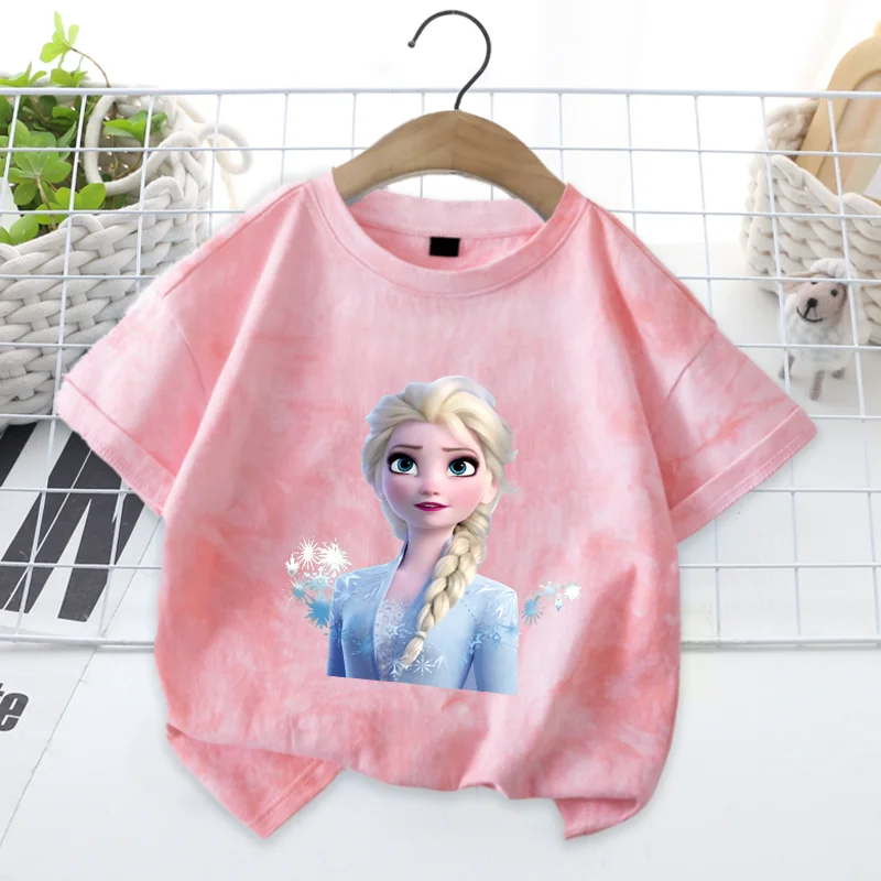 

Рубашка Disney «Холодное сердце» с принтом тай-дай, одежда для девочек с заниженными плечами, летняя детская универсальная дышащая повседневная одежда Эльзы, милая аниме-фигурка, подарок