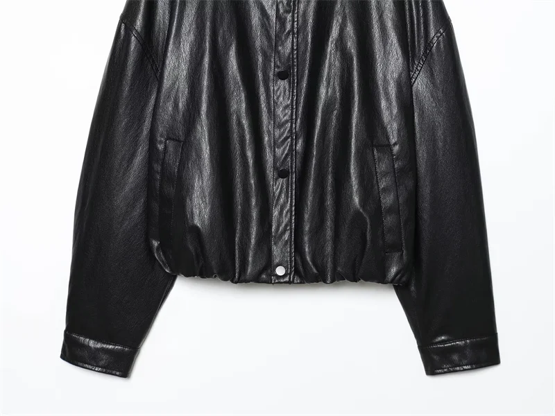 Casaco feminino 2025 outono novo estilo preto manga longa gola alta jaqueta piloto de couro falso estilo motocicleta moda casual