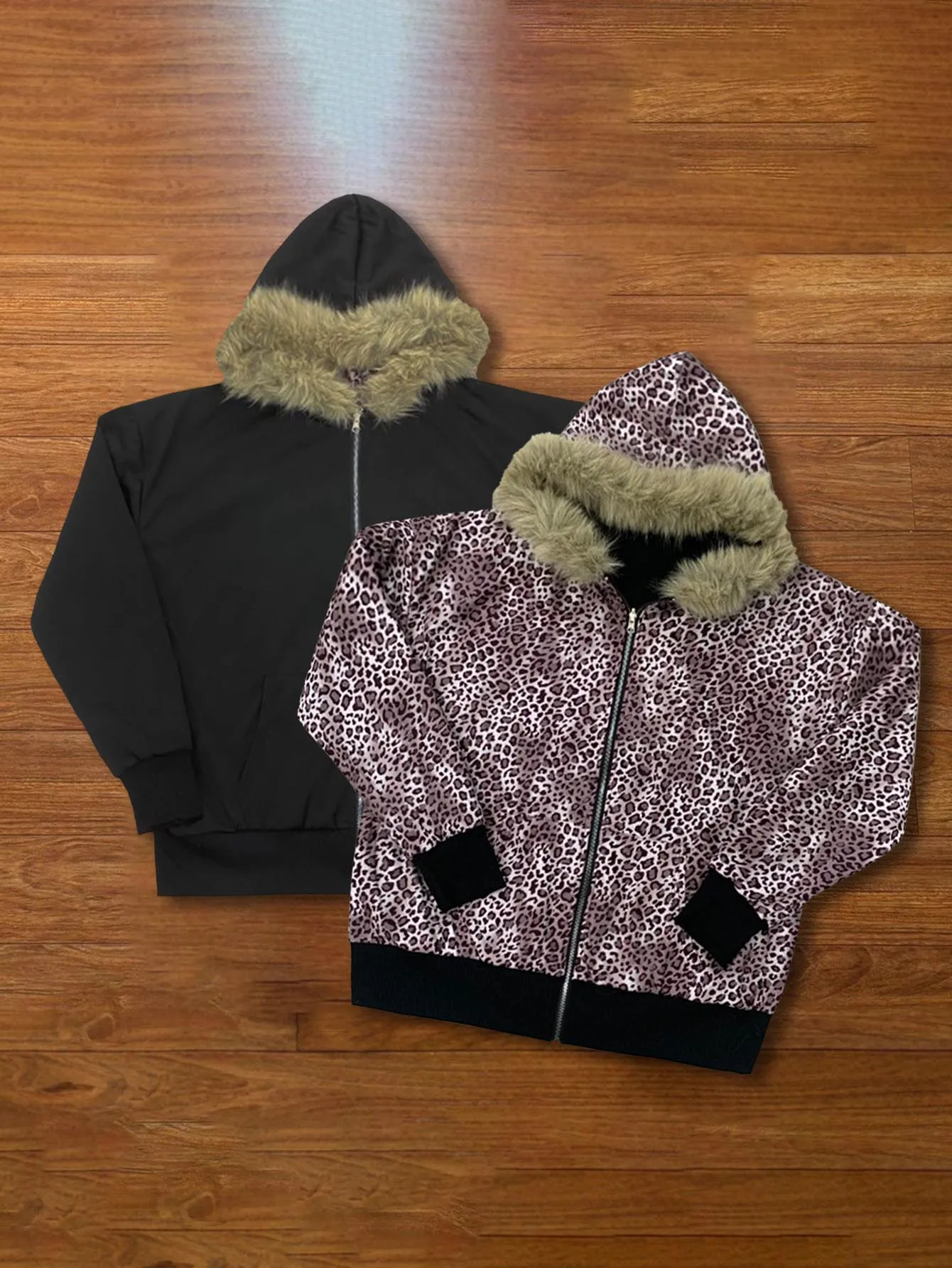 

2026 new double-sided leopard print hooded jacket with faux fur collar Y2K punk street trend fashion versatile personality niche