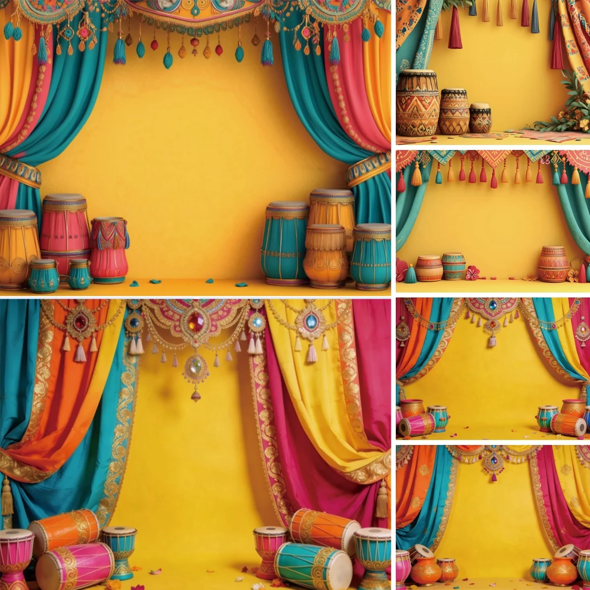 Indian Traditional Festival Backdrop for Birthday Wedding Party Yellow Wall Tassel Curtains Drum India Pooja Decor Background