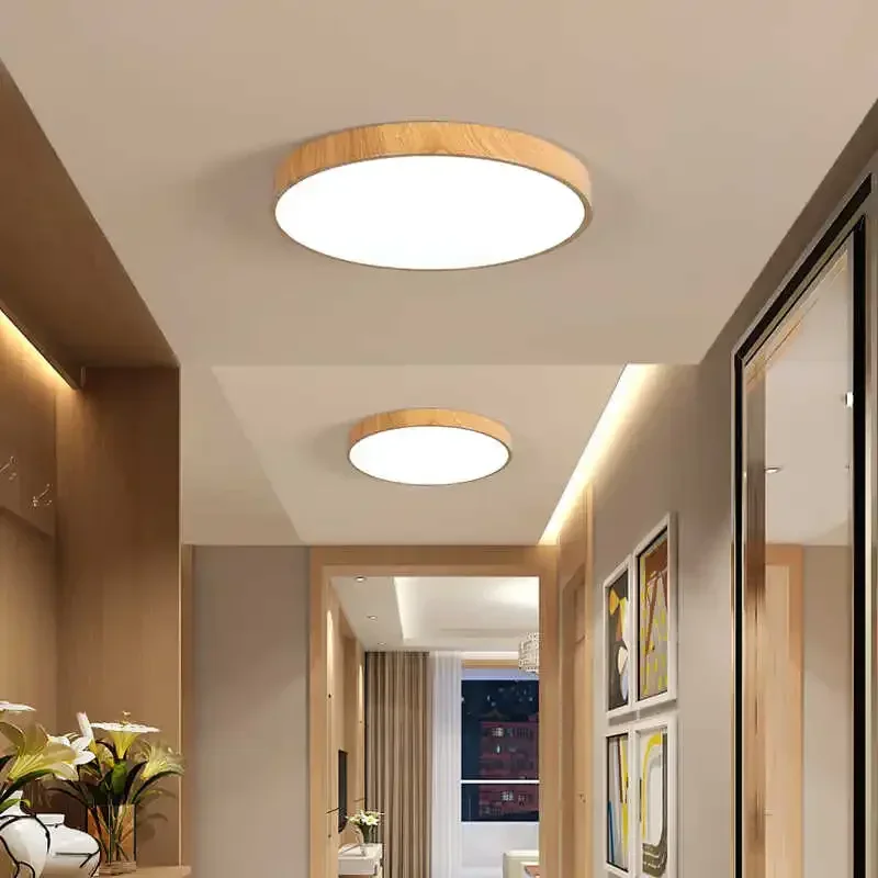 Nordic LED Ceiling Light for Living Room Bedroom Room Study Balcony Corridor Lamp Round Wood Color Indoor Decor Lighting Fixture