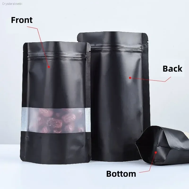 50pcs Matt Black Stand Up Bag with Frosted Window Zip Lock Foil Resealable Tear Notch Pet Food Snack Tea Doypack