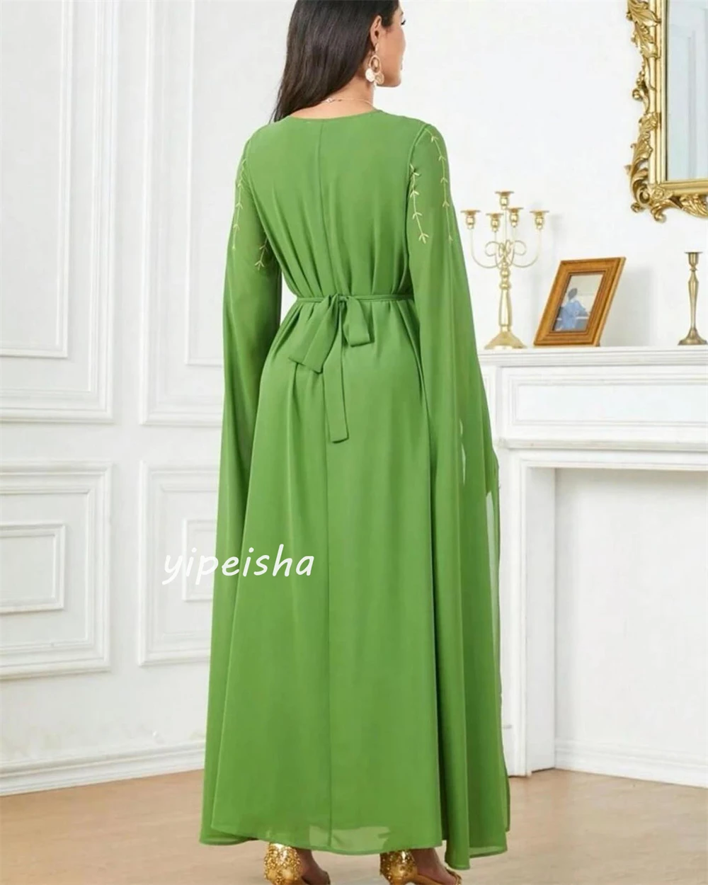 A Linha Chiffon Evening Gown, Draped Bordados, O-Neck, Vestidos Midi, Ocasião sob medida