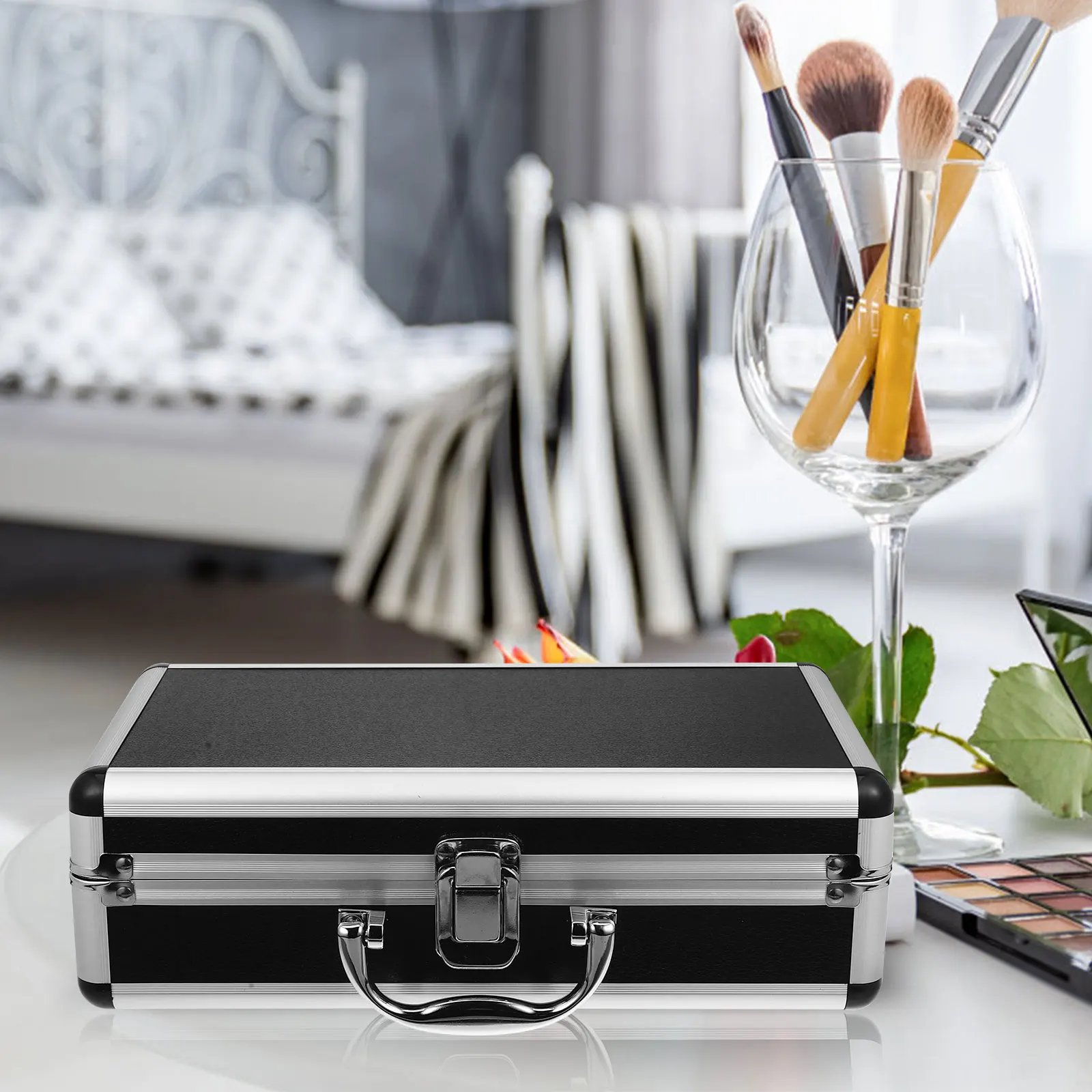 Large Capacity Password Suitcase 03 Black Round Corner Aluminum Case Tools Box Medicine Storage Portable Carry Travel Multi