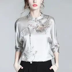 Femme estilo chinês impressão de seda meia manga gola blusa outono escritório senhora botões camisas femininas simplicidade laço topos