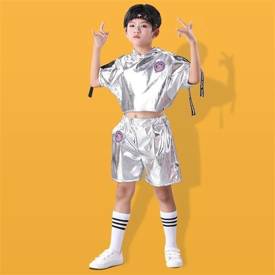 Fashion Boys Hip-hop Set Girl Silver Color Jazz Dance Costume Children Performance Clothes Dance Costume Cool Rave Outfits