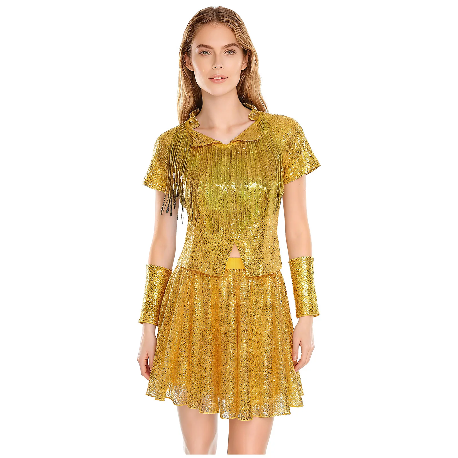 Costume da cheerleader con paillettes lucide da donna T-shirt con nappe Top Guanti Minigonna a pieghe Costume da performance di danza jazz da discoteca Hip Hop