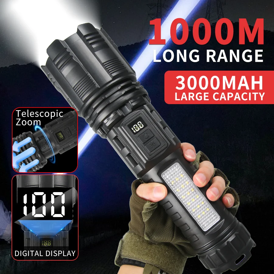 10000LM Bright LED Flashlight –Zoomable Tactical Torch,Rechargeable COB Camping Lamp for Outdoor Hiking Emergency & Self Defense