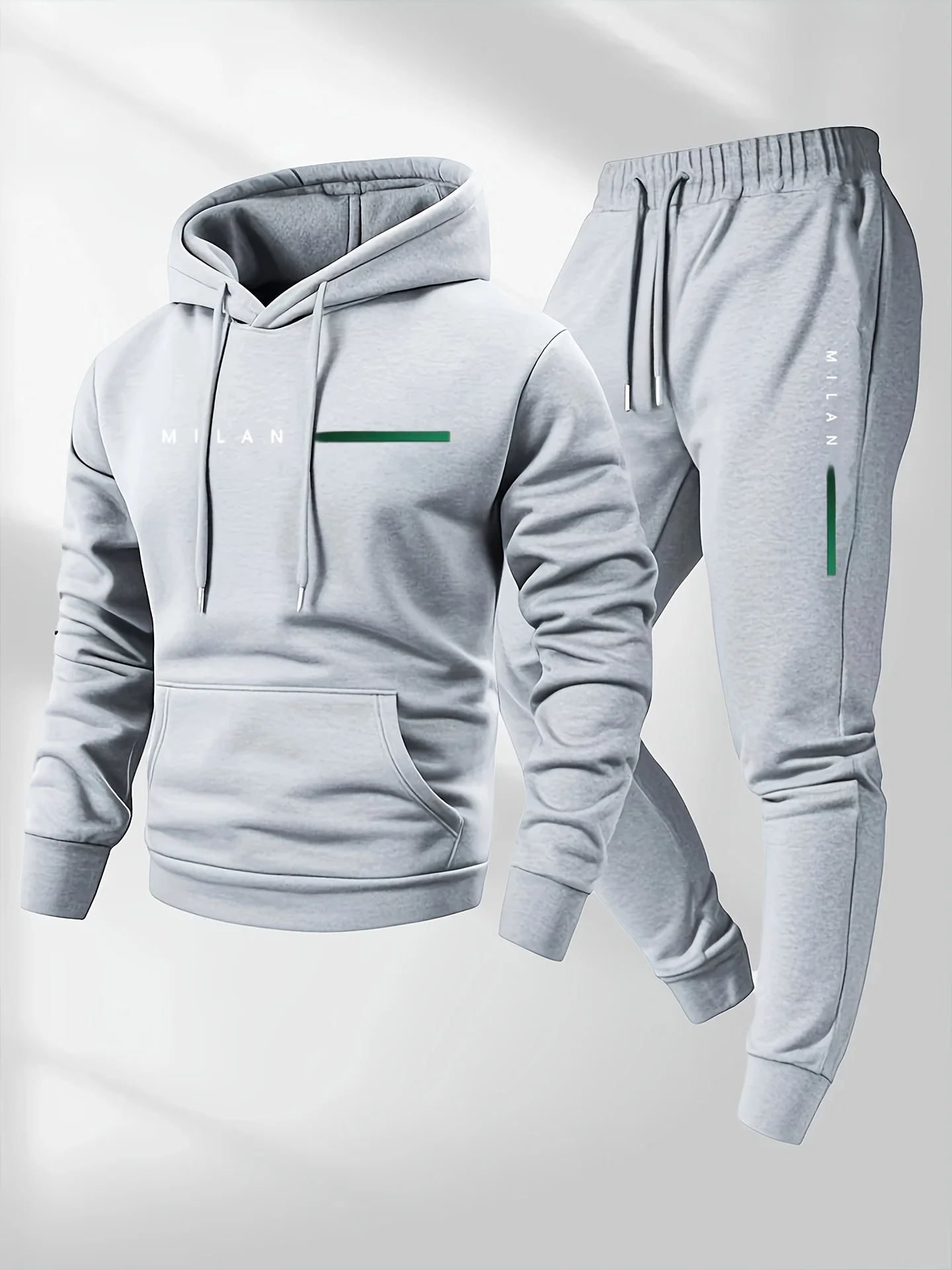 Unisex Hoodie & Jogger Pants 2 Piece Set Green Striped Print Casual Tracksuit Thick Warm Sports Suit For Daily Commute Jogging view 3