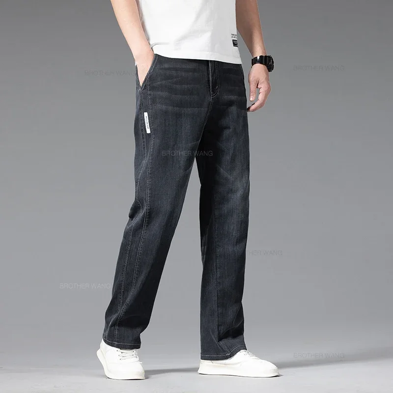 Summer Thin Men\'s Loose Jeans Blue Gray Elastic Waist Stretch Straight Fashionable Light Business Casual Denim Long Pants Male