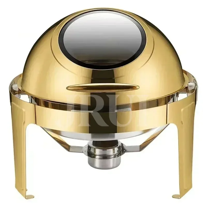 6L Large Roll Top Round Dining Silver Chafing Dish Food Warmer，Hotel Large Stainless Steel Gold Hot Pot