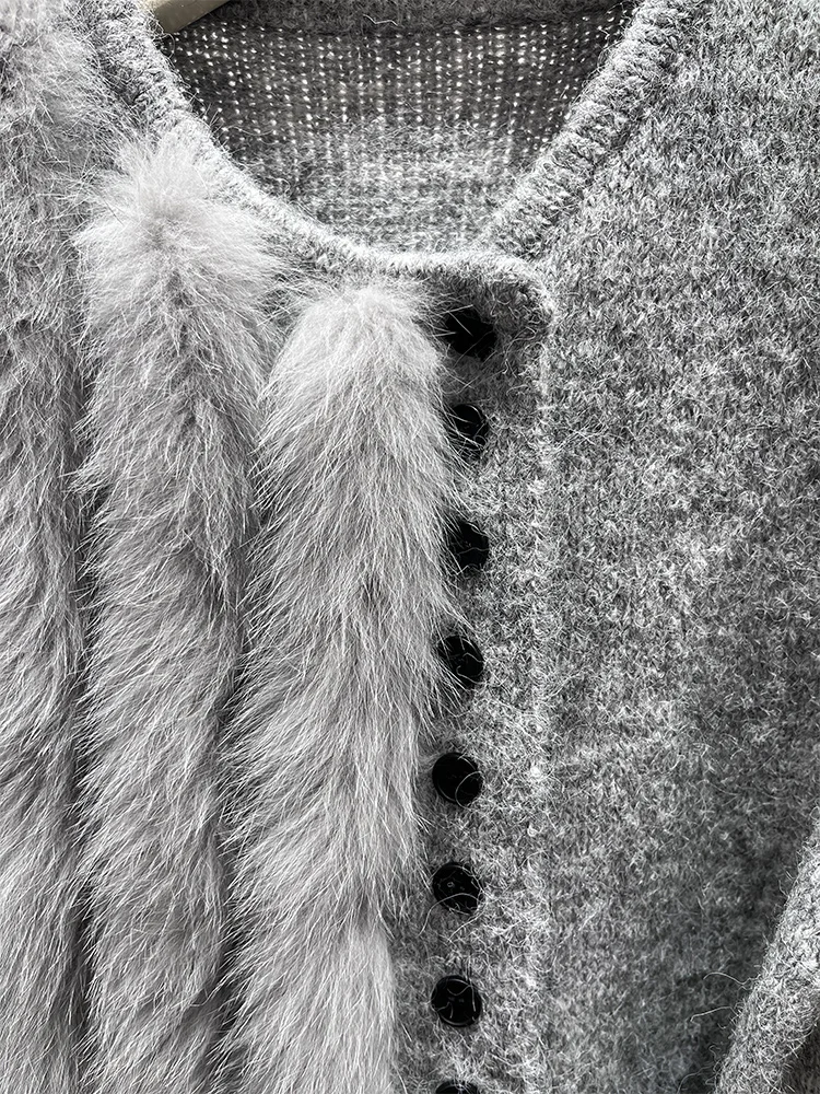 เสื้อคลุมคาร์ดิแกนถักไหมพรมขนสุนัขจิ้งจอกแท้ธรรมชาติสำหรับผู้หญิง ฤดูใบไม้ร่วง ฤดูหนาว แขนยาว สไตล์หรูหรา