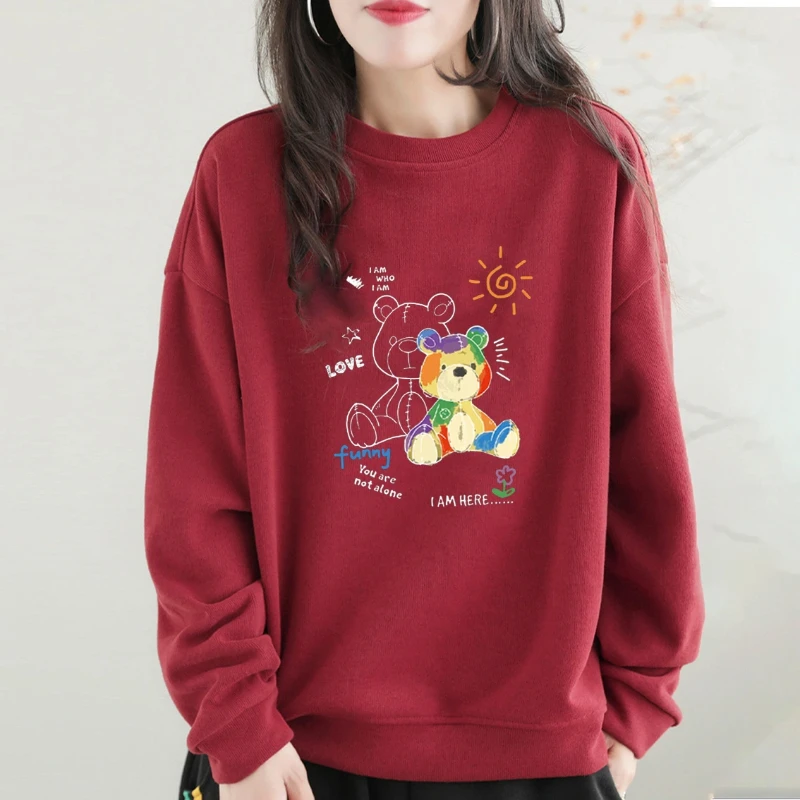 Pullover Letter Cartoon Printing Crew Neck Women\'s Clothing Hoodies Lantern Long Sleeve Loose Comfortable Spring Autumn Tops