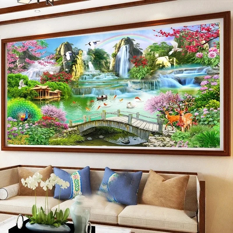 5D Diamond Painting Flowing Water Peacock Crane Bridge Rising Sun Landscape Full Diamond Embroidery Mosaic Rhinestone