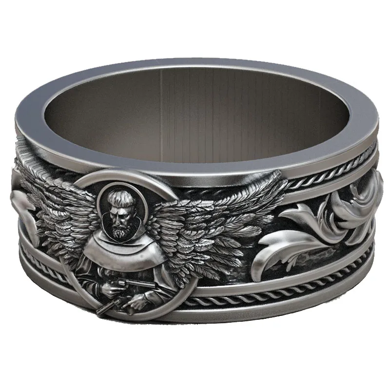 

15g Benedictine Arms Ring: Wings & Revolvers Benedictine Monk wings guns band Rings Customized 925 SOLID STERLING SILVER Sz6-13