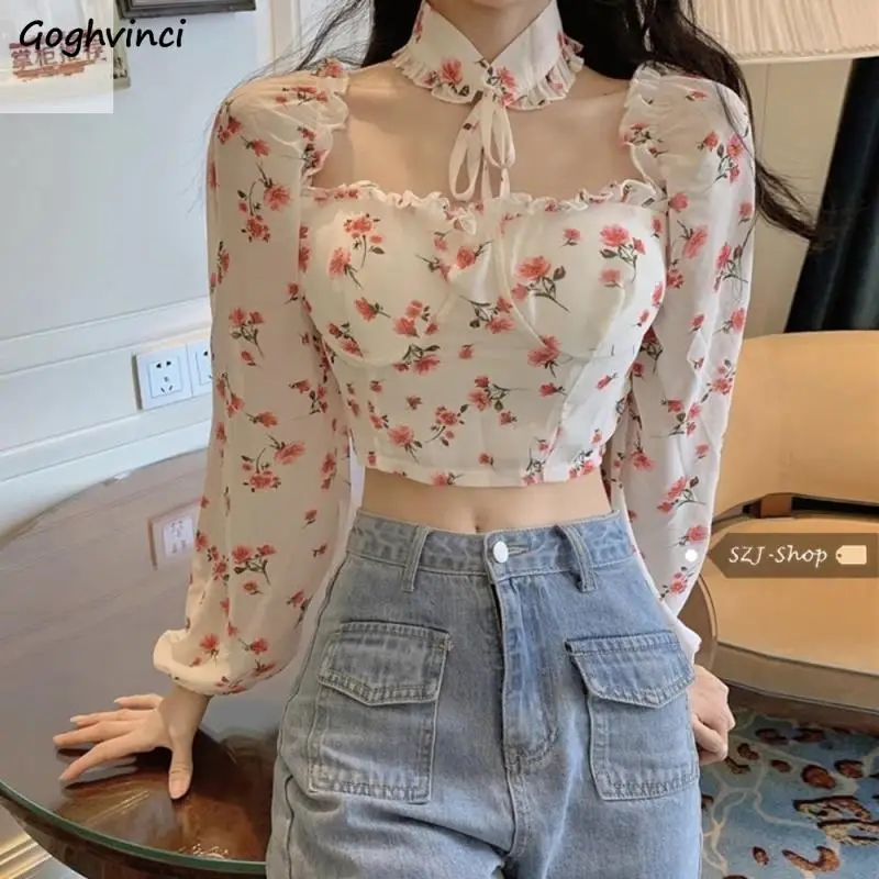 Blouses Women Tunic Cropped Floral Design Chiffon Spring Sweet Vintage Casual Holiday French Tender All Match Girlish Tops Y2k