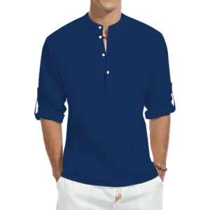 Loose men's cotton shirts, high collar, monochrome shirts, long -sleeved shirts, thin and elegant, casual and elegant tops-en 6 Main Sales Men's Sleeve Shirt - №1