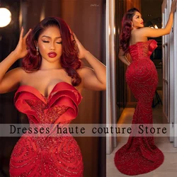 Aso Ebi Sparkly Red Mermaid Evening Dresses 2025 Nigerian Beaded Lace Sweetheart Prom Gowns Wedding Party Dress Customized